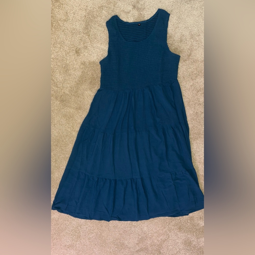 Stretchy Navy Blue Smocked Midi Dress 2XL